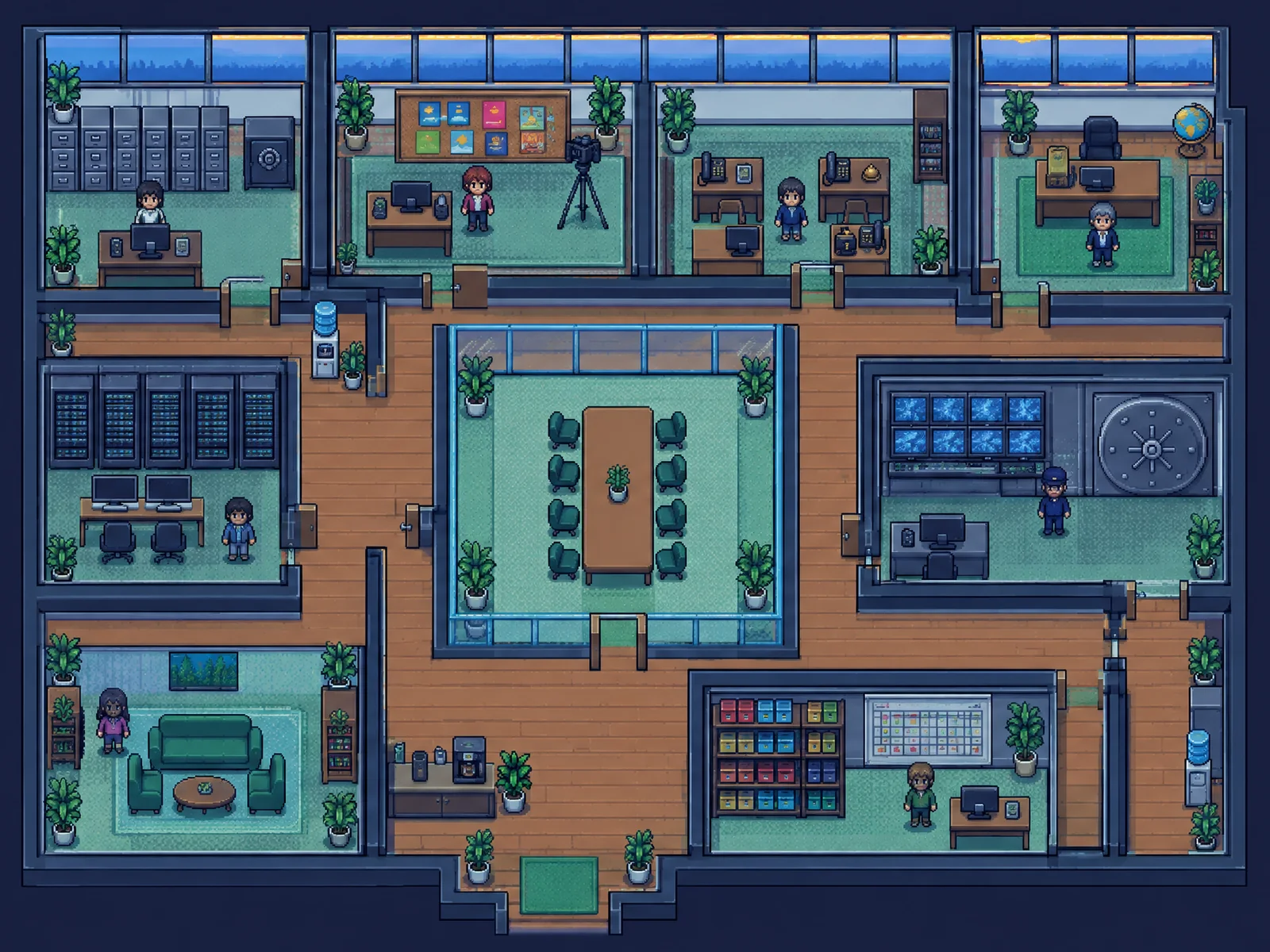 Panel de AgenticPixel: una oficina en pixel art con ocho departamentos alrededor de una sala de reuniones